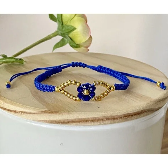 Handmade Blue Macrame Bracelet Gold Beads Flower Adjustable Boho Jewelry Gift - Picture 2 of 12